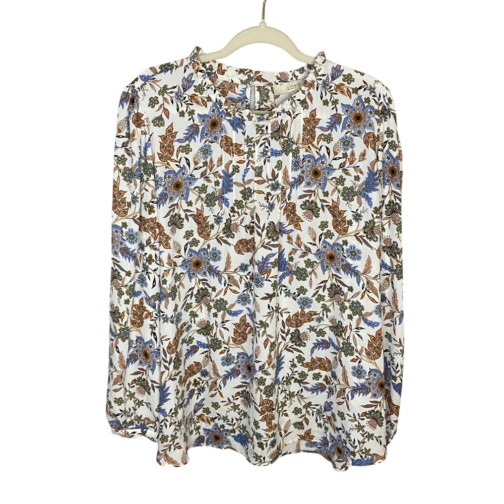 LOFT Womens XL Floral Paisley Pintuck Ruffle Neck Keyhole Back Blouse White Blue